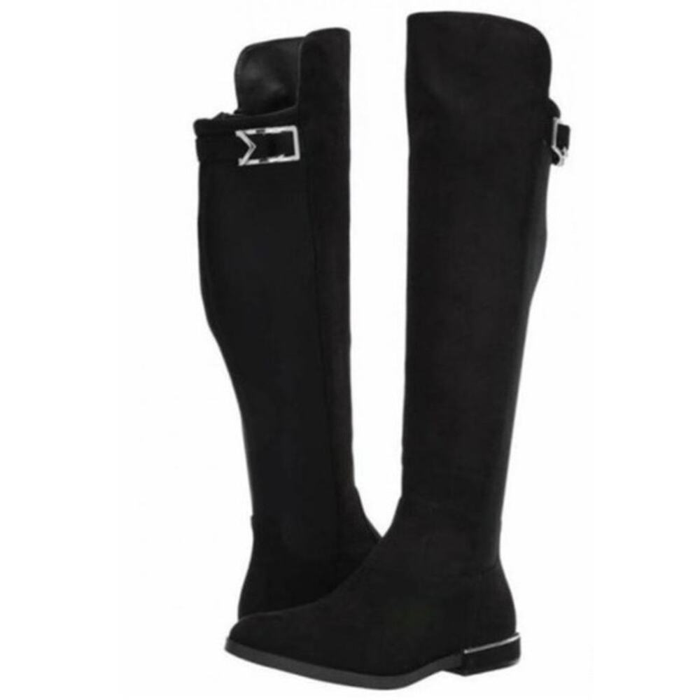 Calvin Klein Presley over knee black Faux Suede boots Silver Hardwear size 7